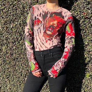 Y2K inspired tattoo skin mesh top